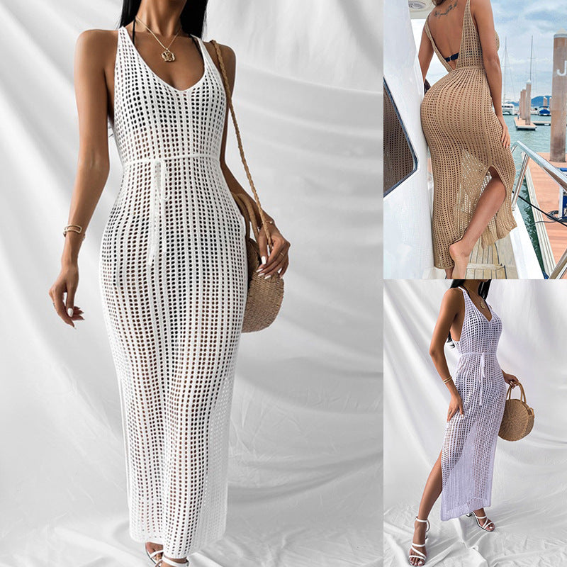 Damen gehäkeltes Maxikleid mit tiefem V-Ausschnitt und seitlichem Schlitz Echo Archiv