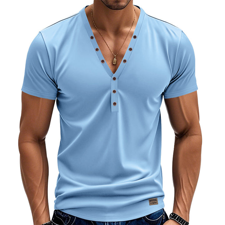 Herren nan tailliertes Kurzarm-Henleyshirt aus Baumwoll-Elasthan mit tiefem V-Ausschnitt und dekorativer Knopfleiste Echo Archiv