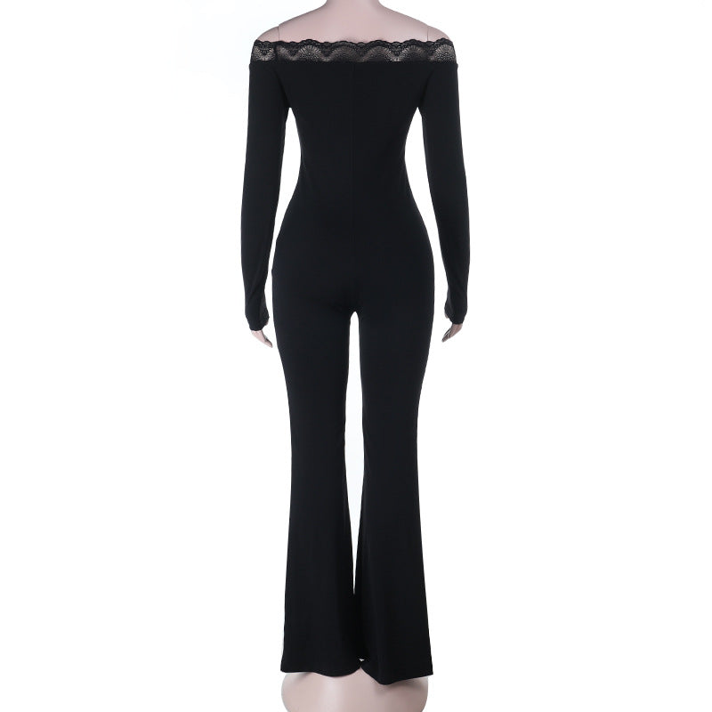 Damen eleganter Off-Shoulder Jumpsuit mit Spitzenakzenten und ausgestelltem Bein Echo Archiv