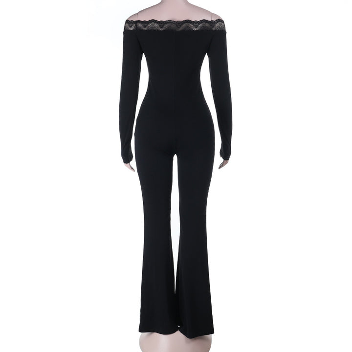 Damen eleganter Off-Shoulder Jumpsuit mit Spitzenakzenten und ausgestelltem Bein Echo Archiv