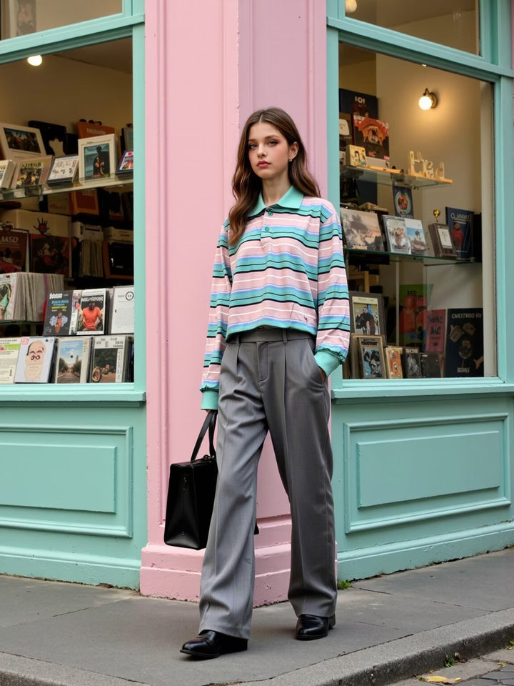 Damen Gestreiftes Poloshirt‑Sweatshirt aus Baumwollmix mit Kontrastkragen und gerippten Bündchen Echoarchiv