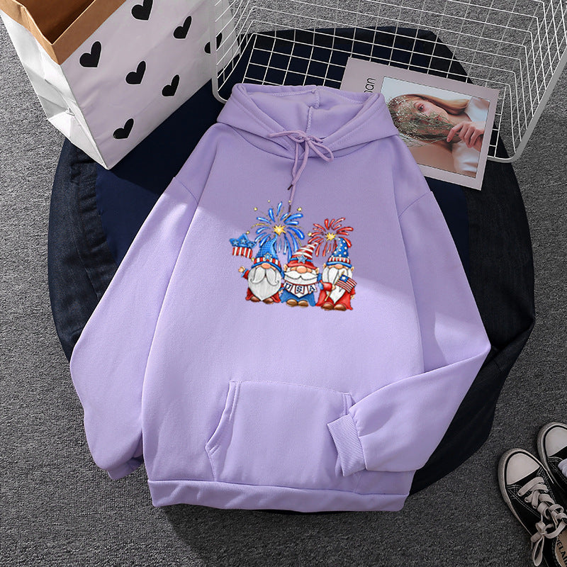 Damen Kapuzenpullover mit patriotischem Gartenzwerg-Print, angerautem Fleece-Innenfutter, Oversize-Schnitt und Kängurutasche – Auréline