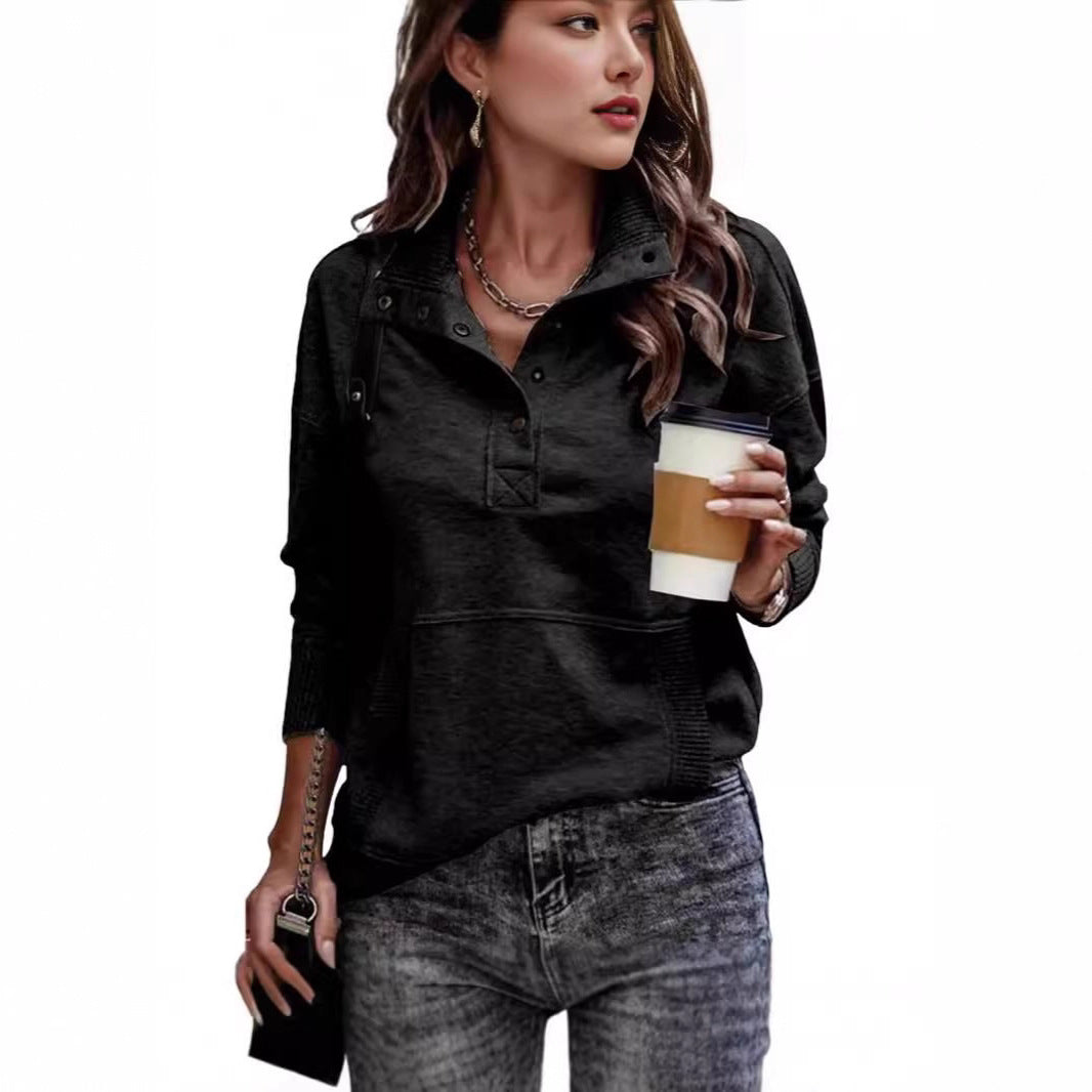 Damen Sweatpullover mit Stehkragen-Knopfleiste und Kängurutasche Echo Archiv