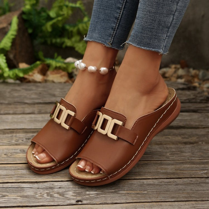 Damen nan Pantolette-Slipper mit goldfarbener Zierkette, ergonomischem Komfortfußbett und genähter Profilsohle Echo Archiv