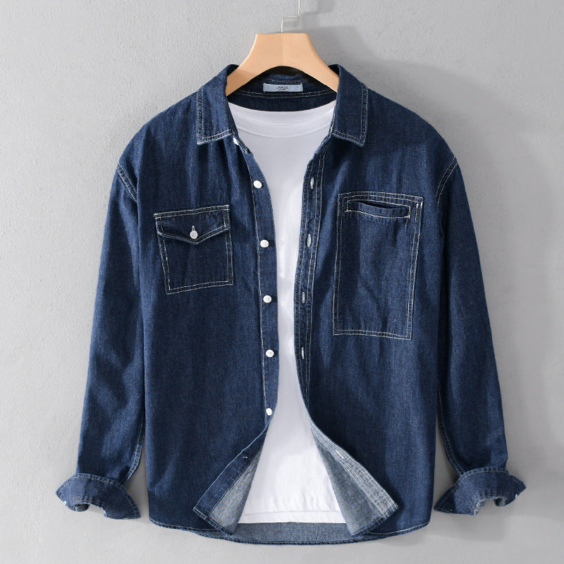 Herren Jeans-Overshirt im Worker-Stil mit doppelten Brusttaschen und kontrastierenden Ziernähten Echoarchiv