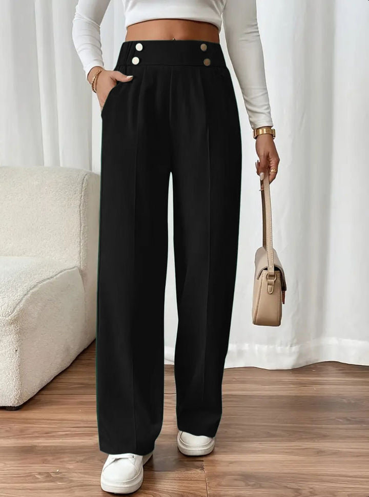 Damen Hochtaillierte Palazzo-Hose mit Zierknopfleiste, Bügelfalte und Eingrifftaschen – Avélisse
