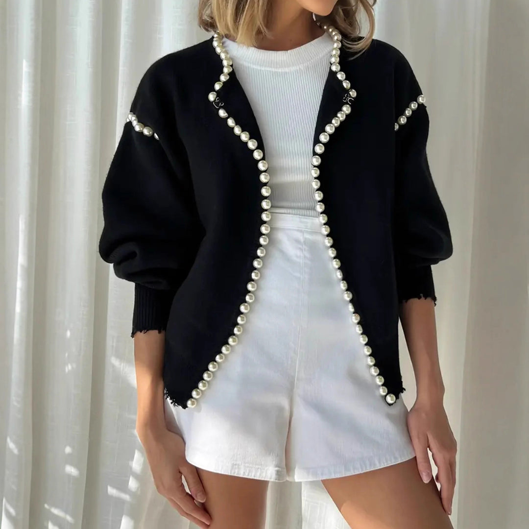 Damen Perlenverzierter Feinstrick-Cardigan mit Ballonärmeln – Veloura