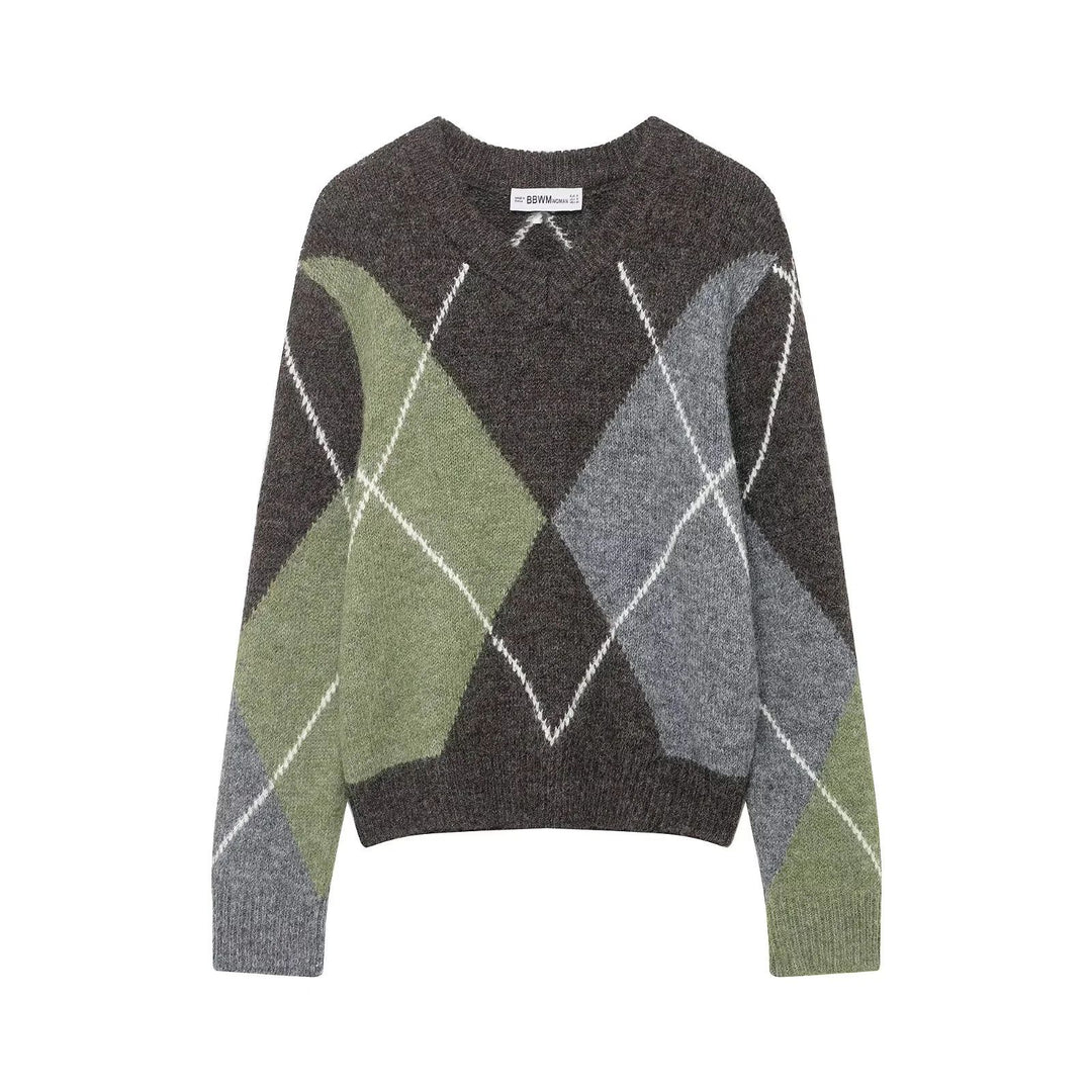 Damen nan großkaro Strickpullover mit Rundhals, oversized Passform und geripptem Saum Echo Archiv