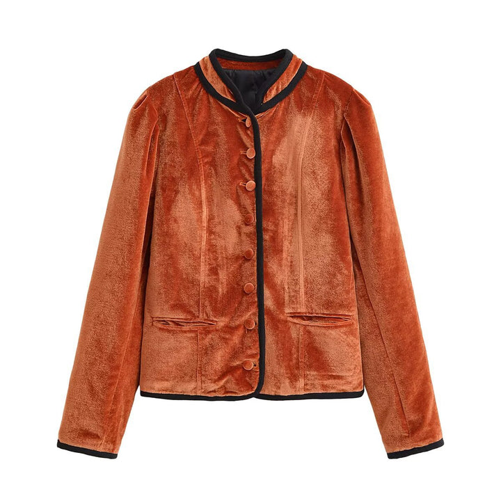 Damen Samtjacke im Blazer-Stil mit Stehkragen und bezogenen Knöpfen Echo Archiv