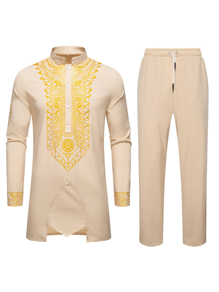 Herren Traditionelles Langarm-Kurta-Set mit Stehkragen, goldfarbenem Ornamentdruck und Tunnelzughose Echo Archiv