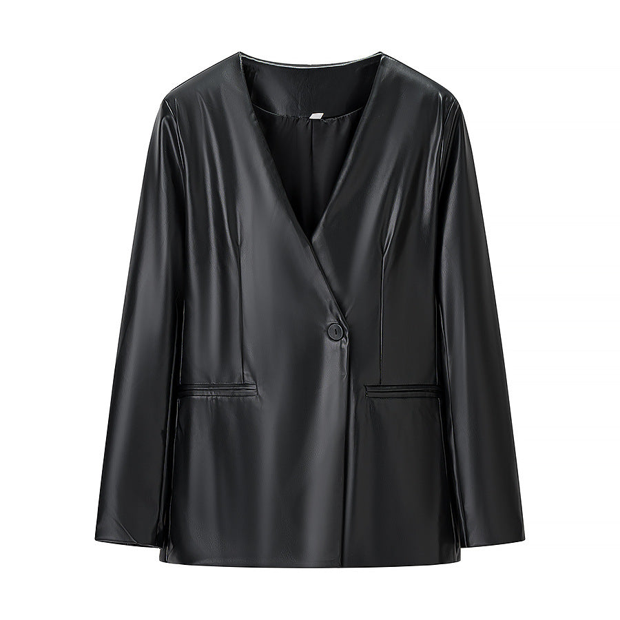 Damen Figurnaher Blazerjacke in Lederoptik mit Single‑Button und konturierenden Abnähern Echo Archiv