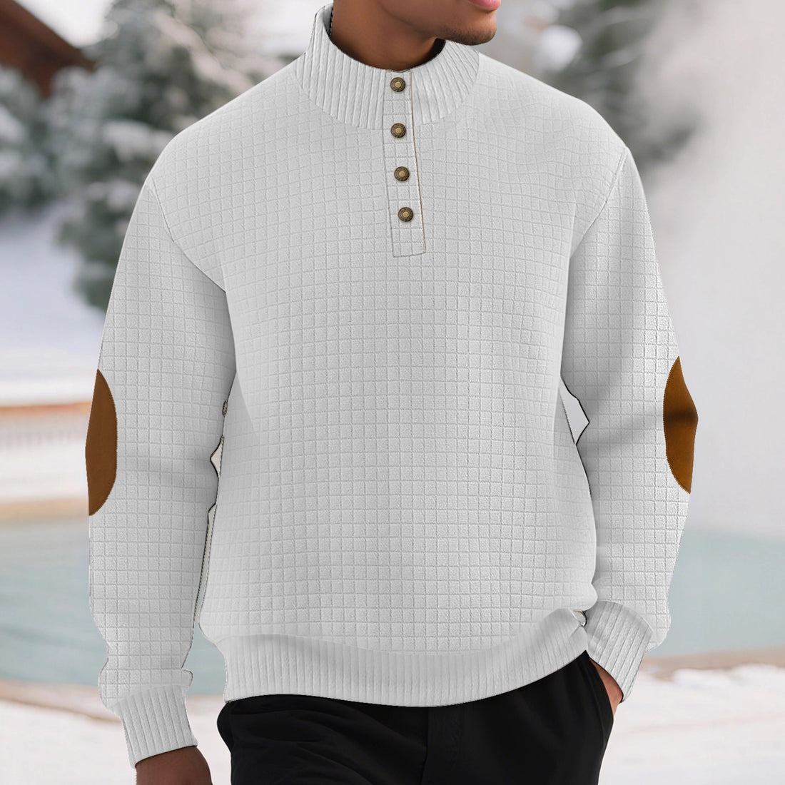 Herren kariertes Stepp-Sweatshirt mit Henley-Blende hohem Stehkragen und Velours-Ellenbogenpatch – Marzano