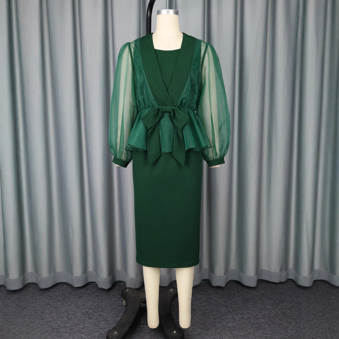 Damen elegantes Kleid mit transparentem Ärmel und tailliertem Gürtel Echo Archiv
