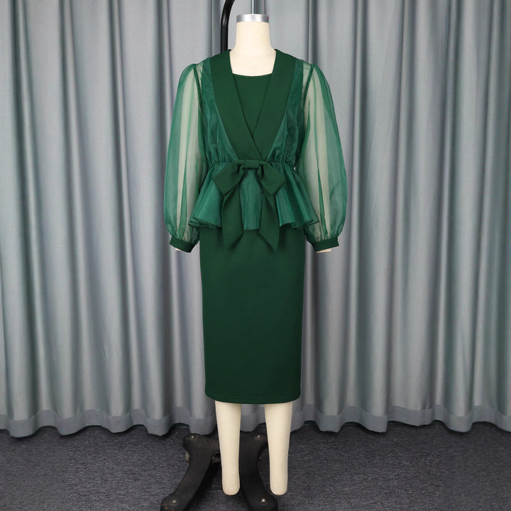 Damen elegantes Kleid mit transparentem Ärmel und tailliertem Gürtel Echo Archiv