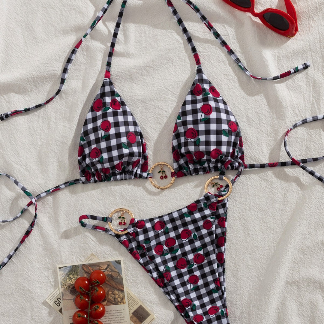 Damen Triangel-Bikini mit verspieltem Karomuster und fruchtiger Applikation Echo Archiv