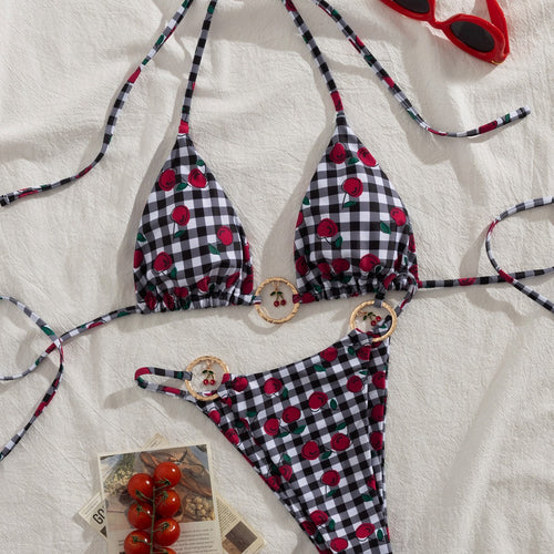Damen Triangel-Bikini mit verspieltem Karomuster und fruchtiger Applikation Echo Archiv