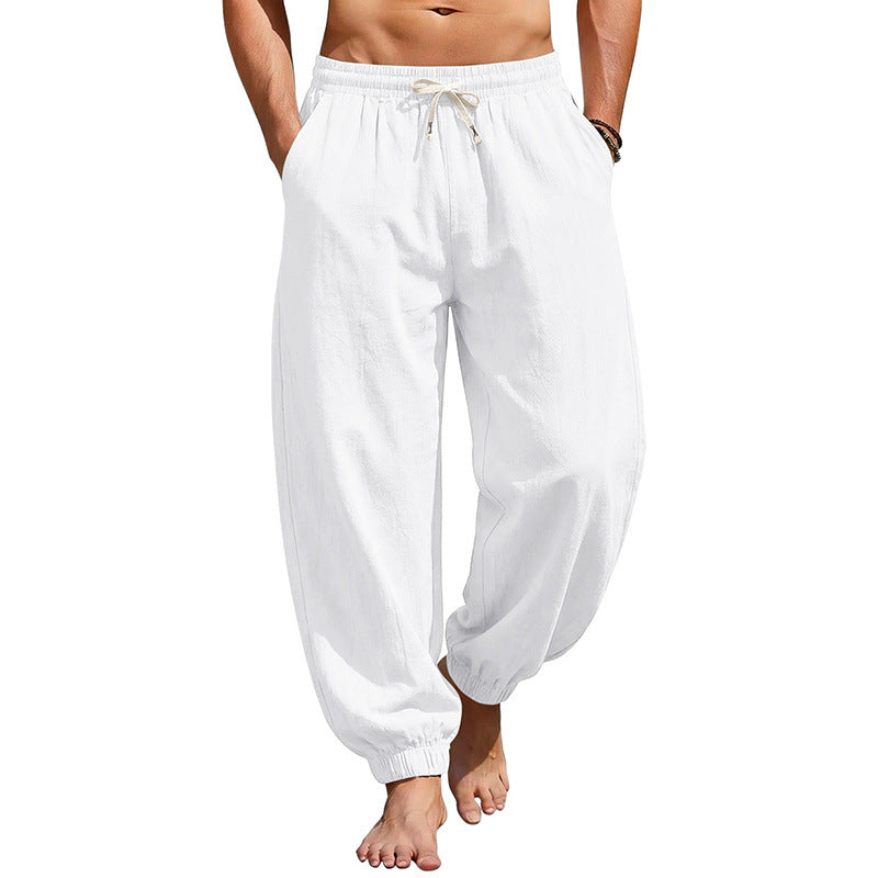 Herren Weite Leinenoptik-Strandhose mit Kordelzug, elastischem Bund und gerafften Beinabschlüssen – Sorevano