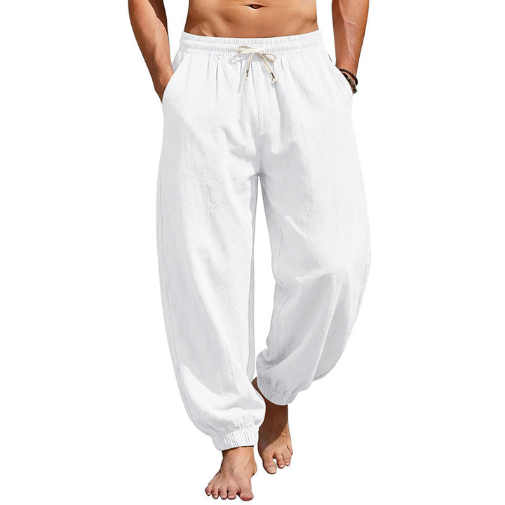 Herren Weite Leinenoptik-Strandhose mit Kordelzug, elastischem Bund und gerafften Beinabschlüssen – Sorevano