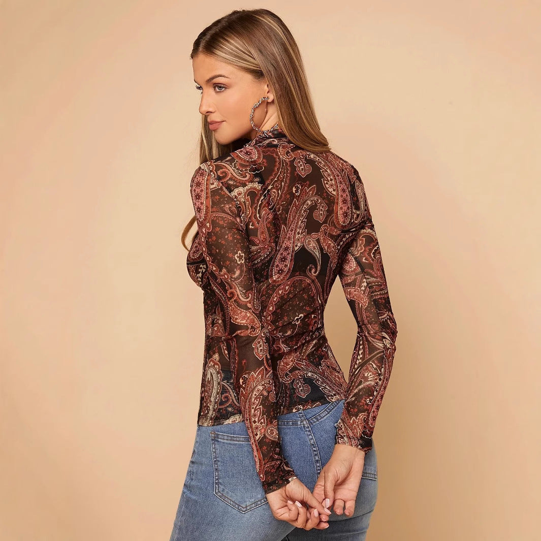 Damen nan figurbetontes halbtransparentes Paisley-Meshshirt mit Stehkragen und langen Ärmeln Echo Archiv