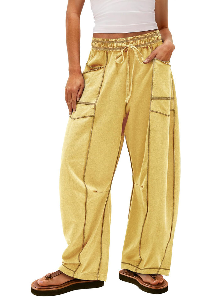Damen weite Cargo-Loungehose mit elastischem Bund und Kontrastnähten – Avérine