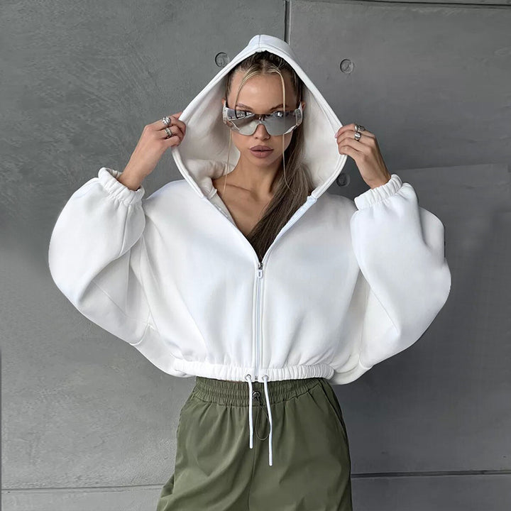 Damen nan kurzes Oversize-Kapuzensweatshirt mit Halbzip und Kordelzugbund Echo Archiv