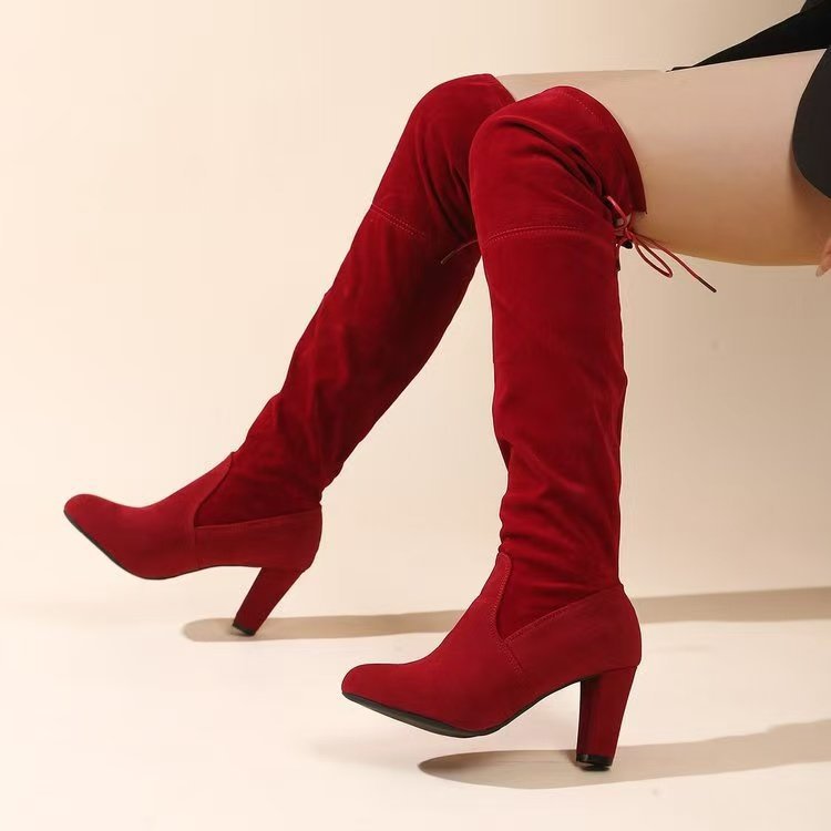 Damen Overknee-Stiefel mit geschwungenem Blockabsatz und weichem Veloursimitat Echo Archiv