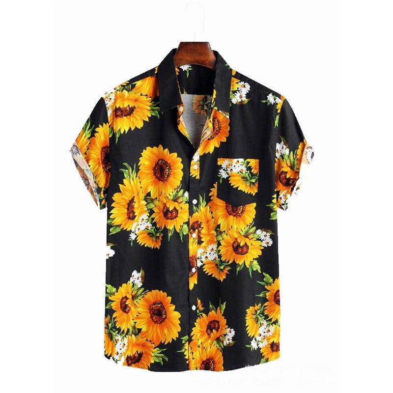 Herren Kurzarmhemd mit farbenfrohem Sonnenblumenmuster und leichtem Baumwollstoff Echoarchiv