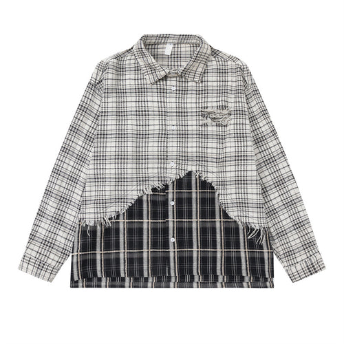 Unisex Oversize-Hemdjacke mit Lagenlook, ausgefranstem Saum und Karomix Echoarchiv