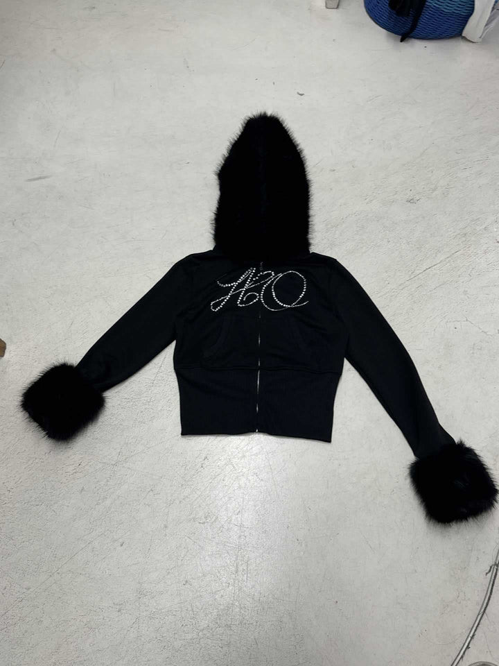 Damen nan kurze Kapuzenjacke mit Kunstfellbesatz und Strassverzierung Echo Archiv