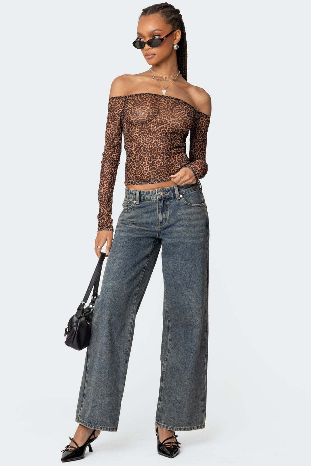 Damen Off-Shoulder Langarmshirt mit Leopardenmuster Echo Archiv