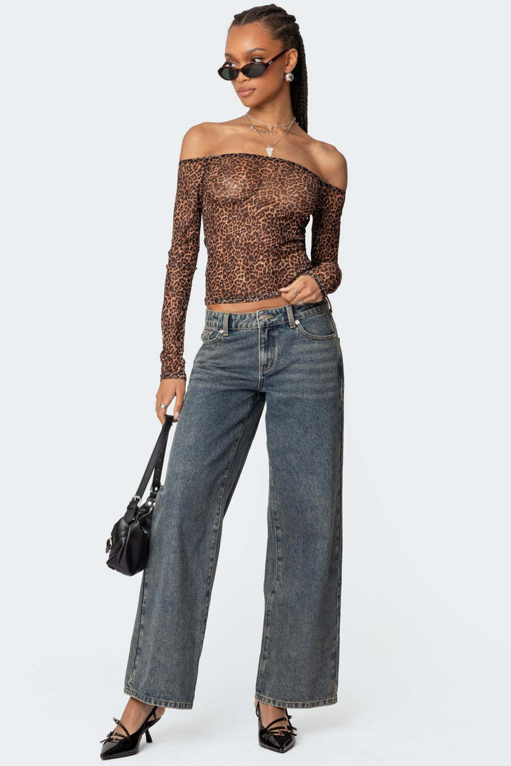 Damen Off-Shoulder Langarmshirt mit Leopardenmuster Echo Archiv