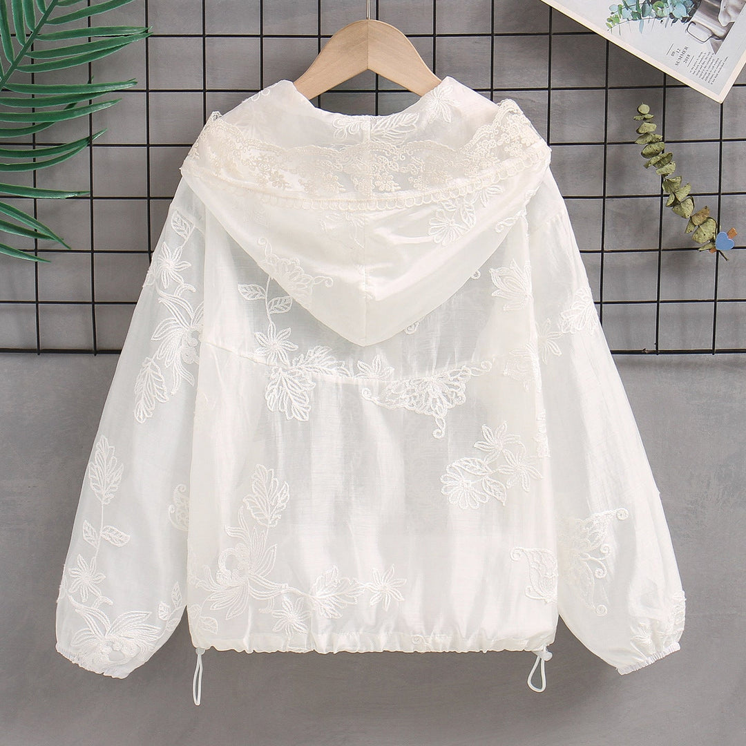 Damen nan transparente bestickte Kapuzenjacke mit Reißverschluss und Tunnelzug Echo Archiv