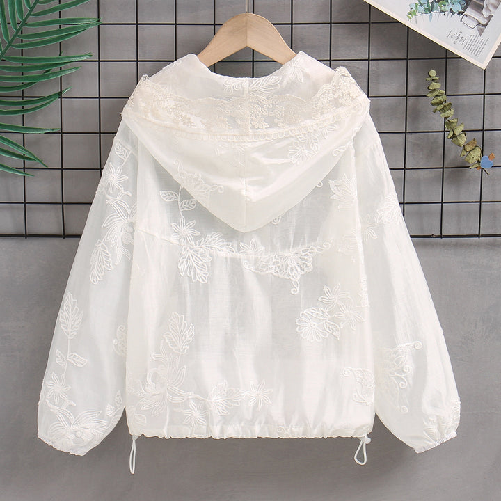 Damen nan transparente bestickte Kapuzenjacke mit Reißverschluss und Tunnelzug Echo Archiv