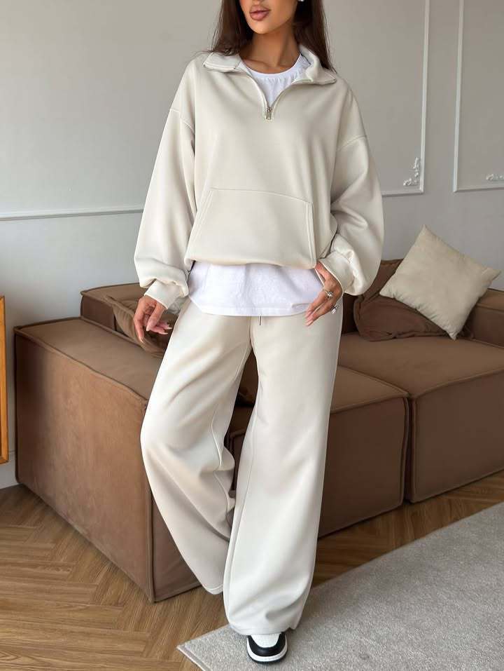 Damen nan weites Halfzip-Lounge-Set mit Kapuzenpullover, Kängurutasche und fließender Wide-Leg-Hose Echo Archiv
