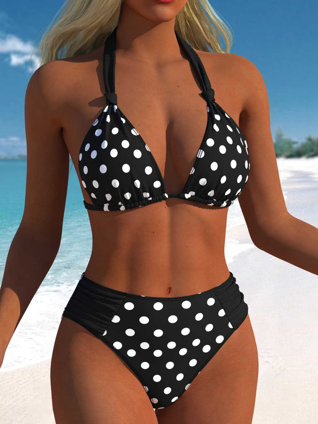 Damen Hochgeschnittener Triangel-Bikini mit punktiertem Design und verstellbaren Trägern – Maréssa