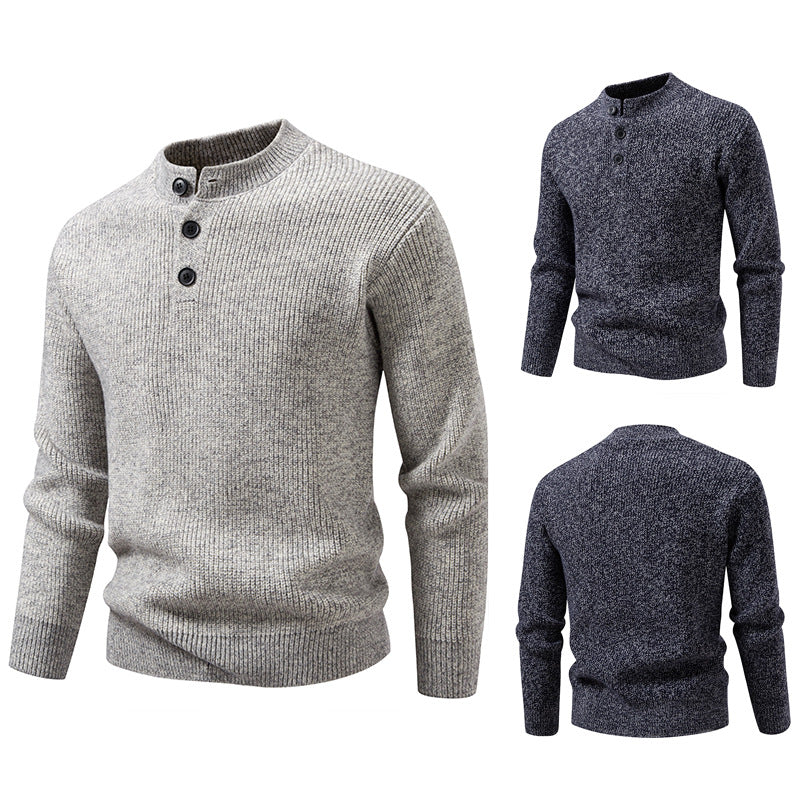 Herren Feinstrick-Henleypullover mit kurzem Stehkragen, Knopfleiste und Rippbündchen Echo Archiv