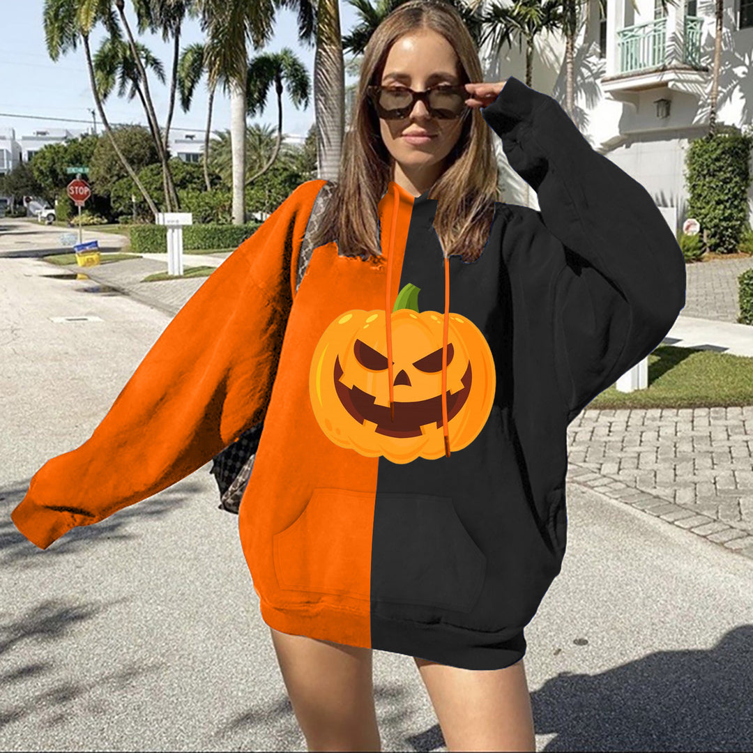 Damen Oversize Kapuzenpullover mit Halloween Kürbisdruck und Kängurutasche – Auréline