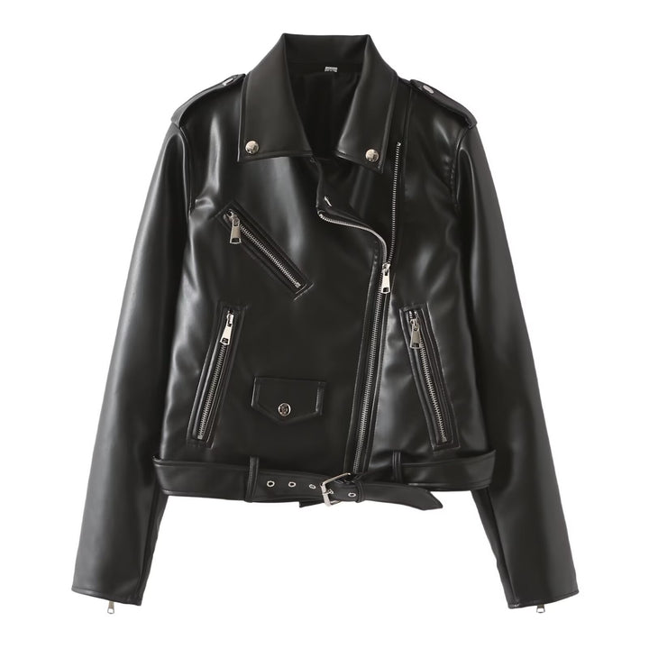 Damen Bikerjacke aus veganer Lederoptik mit Taillengürtel und asymmetrischem Reißverschluss Echoarchiv