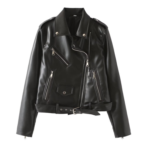 Damen Bikerjacke aus veganer Lederoptik mit Taillengürtel und asymmetrischem Reißverschluss Echoarchiv