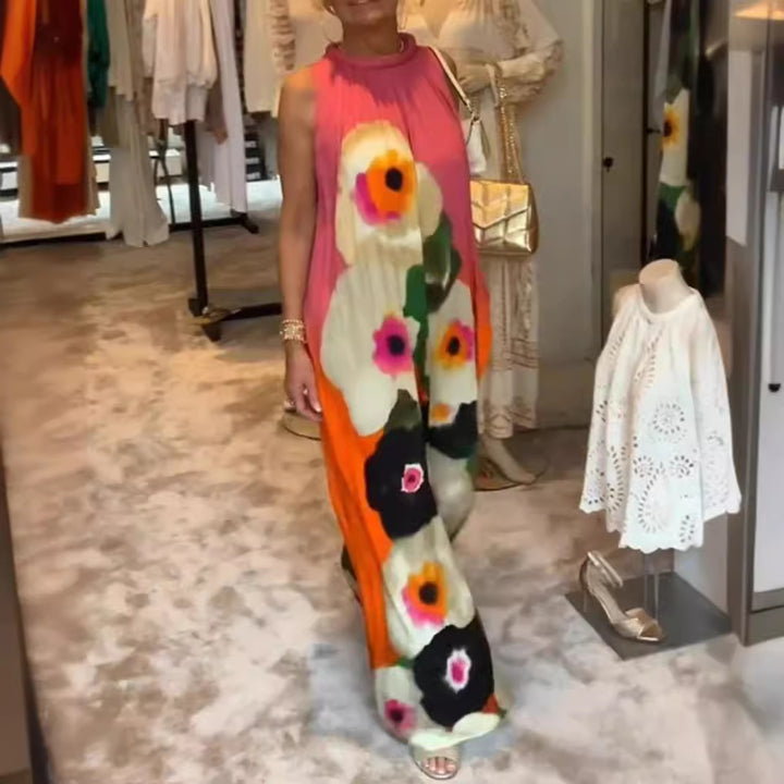 Damen nan ärmelloses Maxikleid mit gerafftem Stehkragen, weitem Palazzoschnitt und großfloralem Druck Echo Archiv