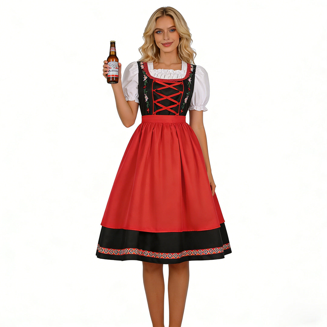 Damen nan traditionelles Dirndlkleid mit besticktem Mieder, Puffärmeln und Schürze Echo Archiv