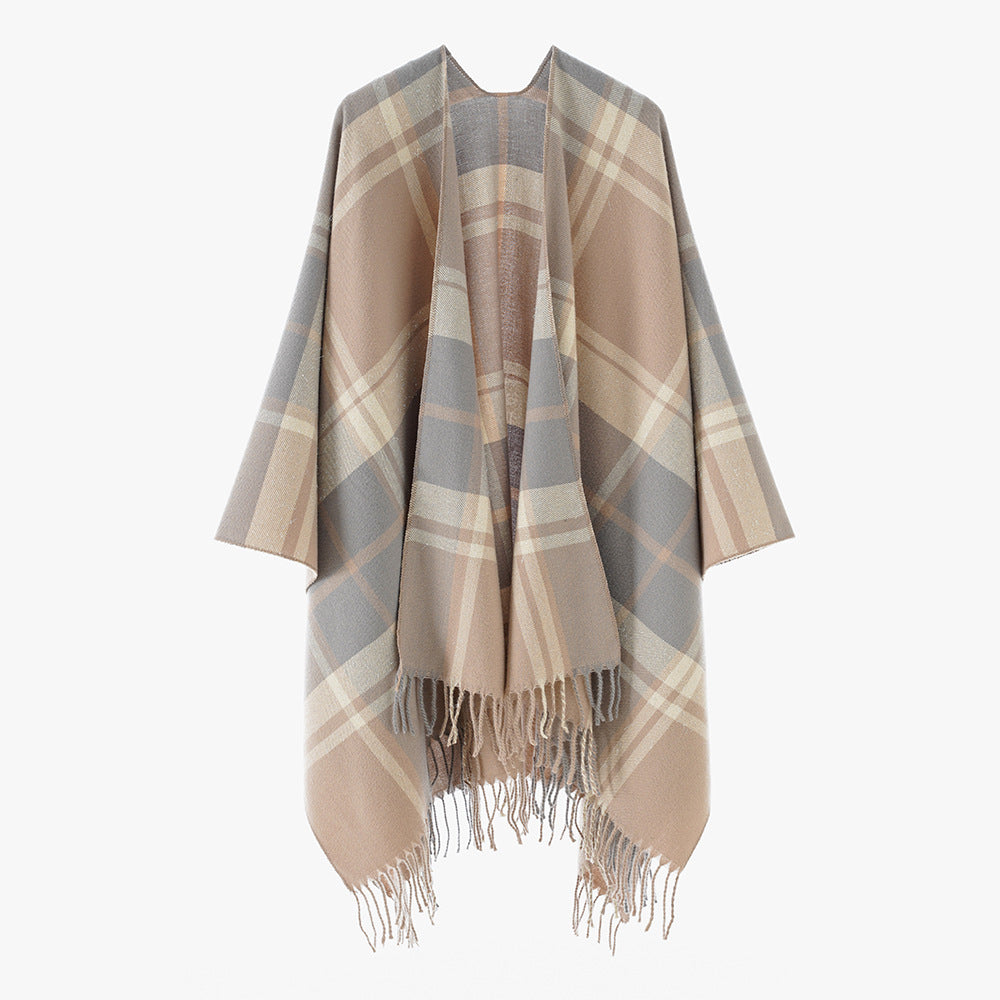 Damen Rechteckiger Plaid‑Überwurf mit weichem Wollmix und Fransensaum – Avérine