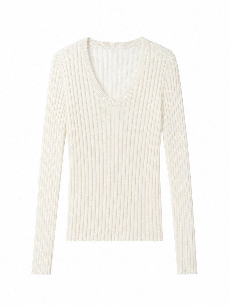 Damen Enges Feinstrick-Longsleeve mit tiefem V-Ausschnitt und breiter Rippenstruktur Echo Archiv
