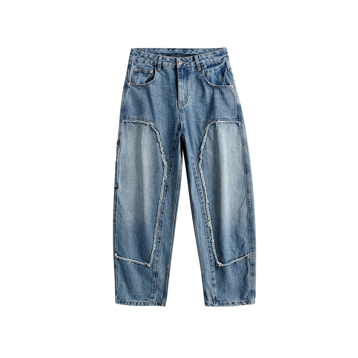 Damen Jeanshose mit kontrastierenden Knie‑Panels und ausgefransten Nähten Echoarchiv
