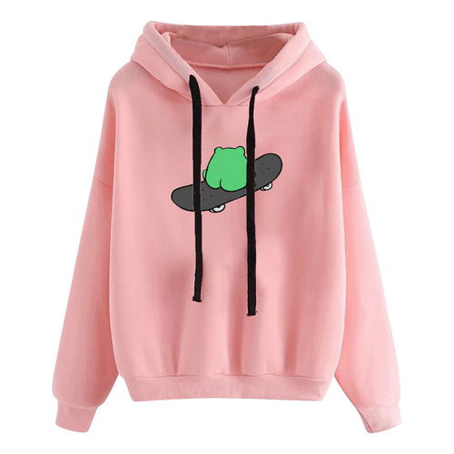 Damen kurz geschnittener Cropped-Kapuzenpullover mit niedlicher Frosch-Illustration und verstellbarer Kapuze – Auréline
