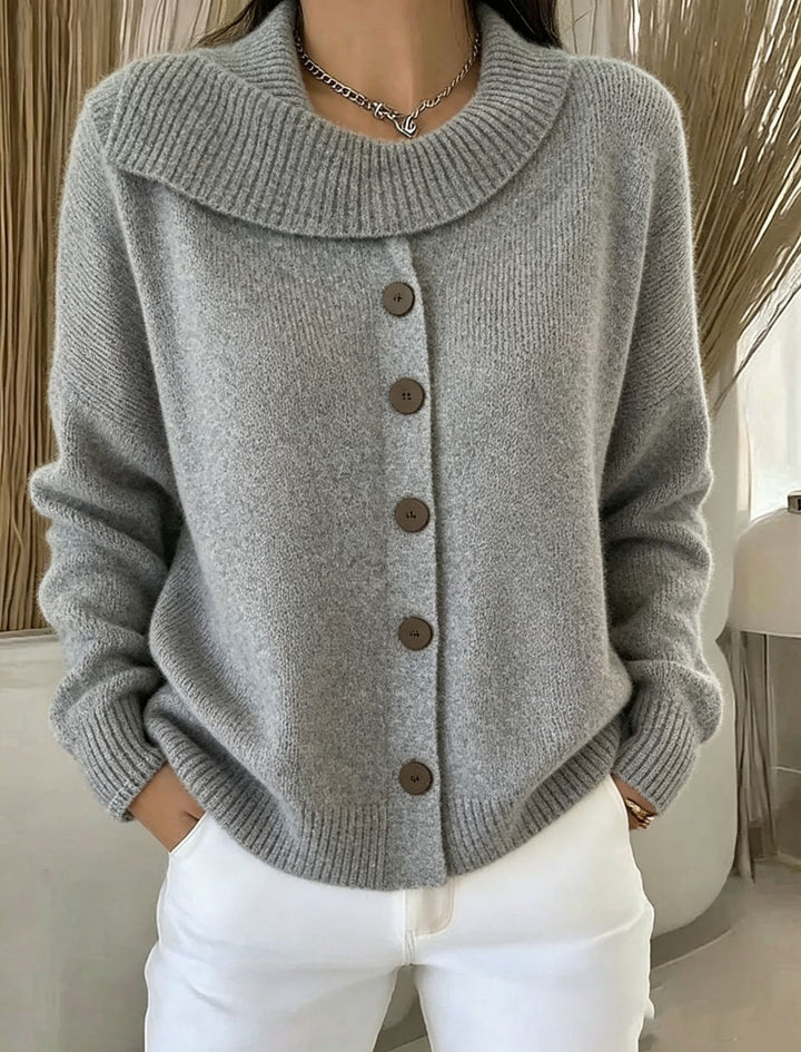 Damen Kuscheliger Knopf-Cardigan mit breitem Rollkragen und gerippten Bündchen – Veloura
