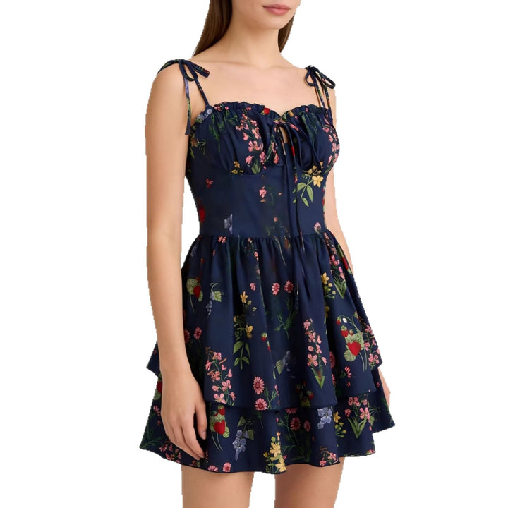 Damen Minikleid mit Blumenmuster und bordeauxfarbenem Unterrock Echo Archiv