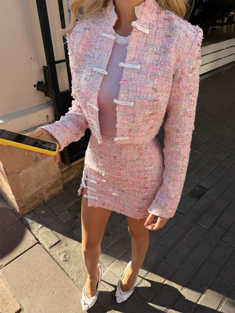 Damen Tweed-Zweiteiler Kurzjacke und Minirock im Bouclé-Stil Echoarchiv
