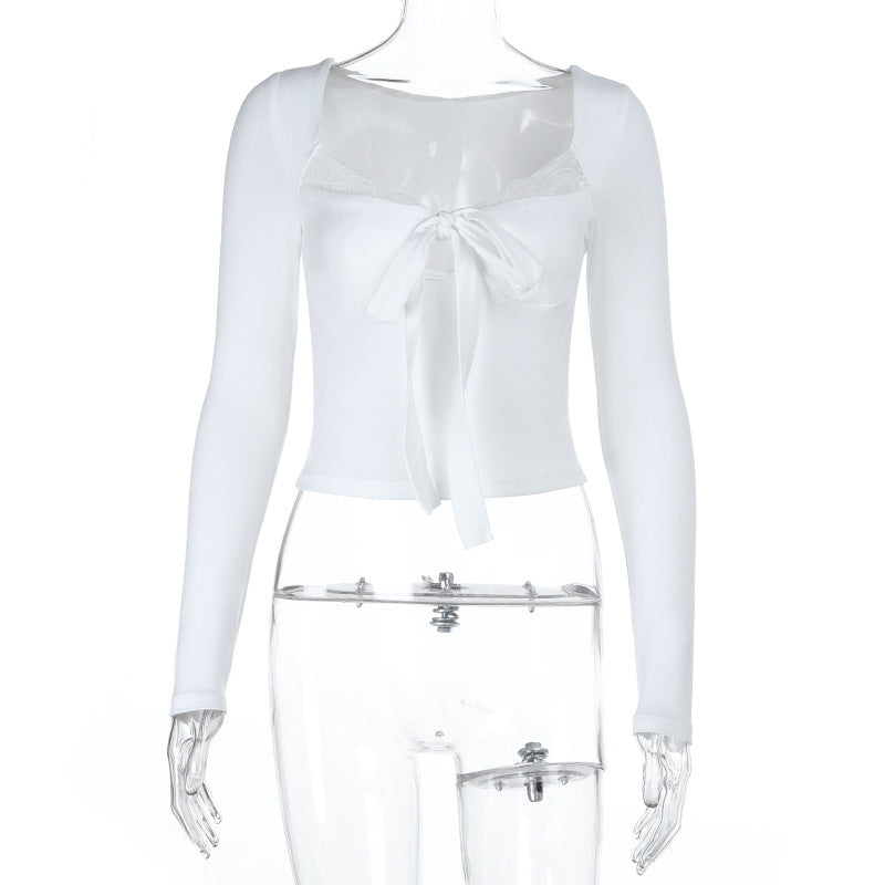 Damen Elegantes Langarm-Top mit femininem Schleifen-Detail und Spitzenbesatz Echo Archiv