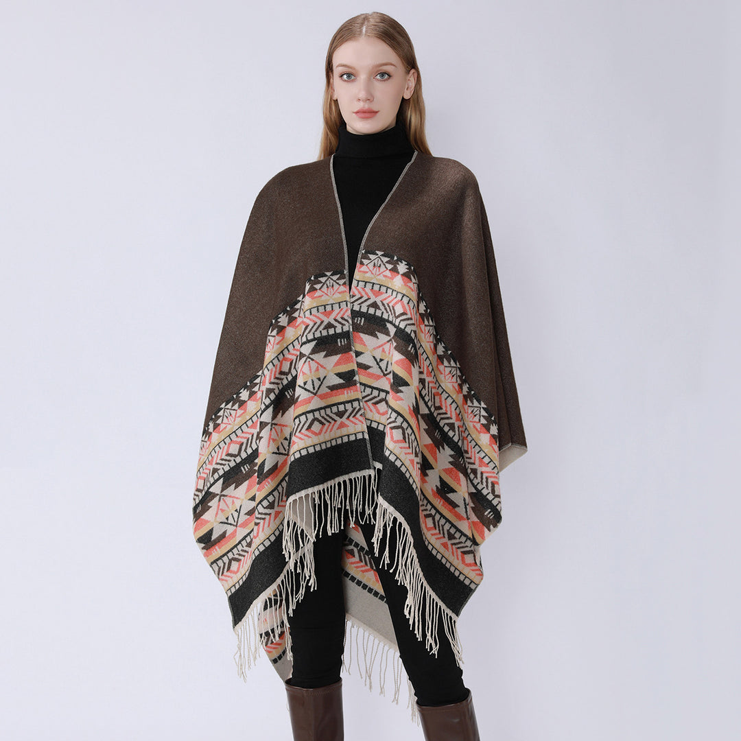 Damen V-Kragen-Überwurfponcho im Kimono-Fall mit Ethno-Bordüre und Fransensaum Echo Archiv